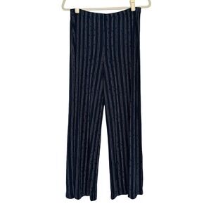 Chicos Travelers Navy Blue Striped Wide Leg Pants M Short Elastic Waist Vintage